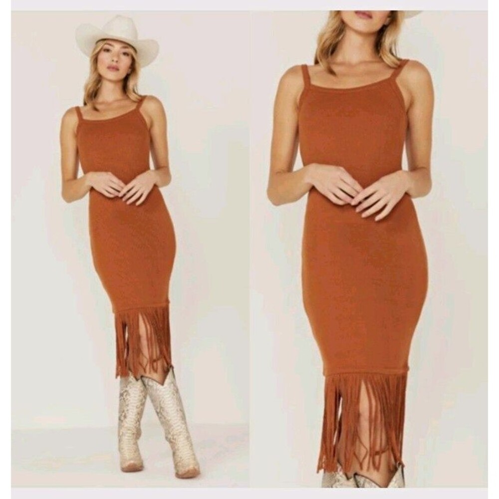 NWT Idyllwind Jewel Street Stretch Fringe Dress Midi Women Sz Lg Brown Western
